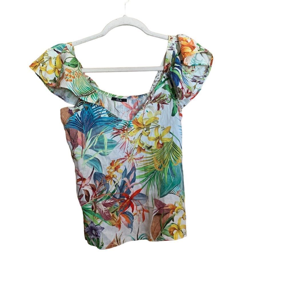 ELA Womens Size Small Multicolor Floral Linen Flutter Sleeves Tank Top Blouse
